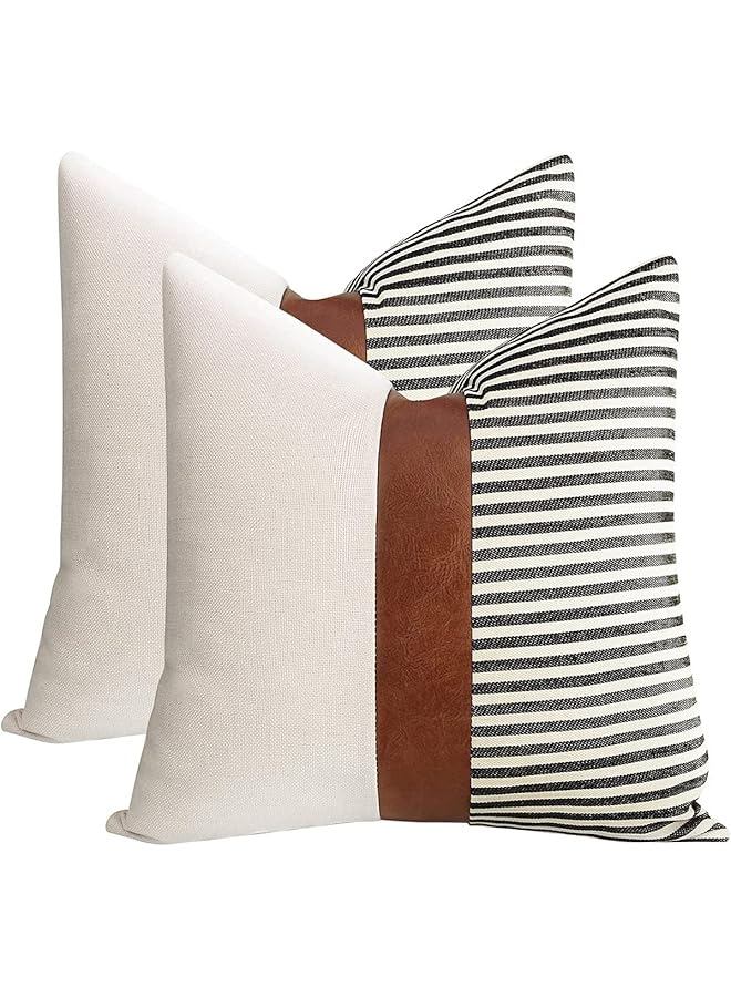 The Bros Modern Geometric Decorative Throw Pillow Covers Home Cushion Covers Set of 2 Farmhouse Decor Stripe Patchwork Linen Throw Pillow Covers, Tan Faux Leather Accent Pillow Covers 18x18 inch - Image 1
