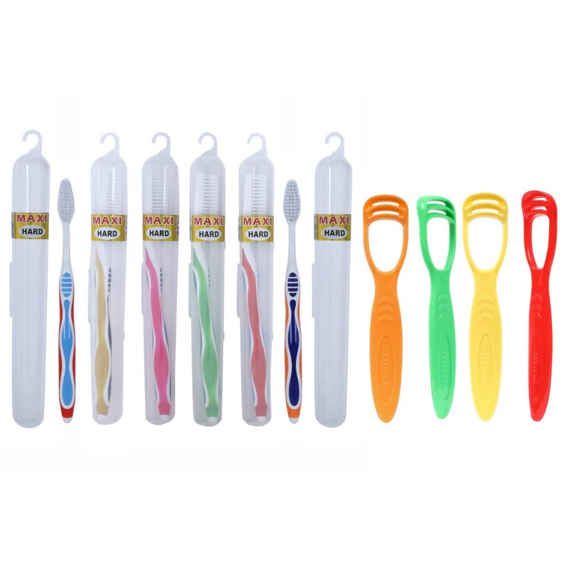 MAXI Oral Care Combo of 10-(6 Travel Packs) Candy Hard Toothbrush & (4 TC) 1 Number Tongue Cleaner - Image 1