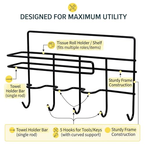 ZURATO Multipurpose Wall Mounted Towel, Tissue roll Holder for Kitchen and Bathroom with 5 Hooks Storage Organizer Rack for Clothes, Keys Spatula Ladle and Accessories Hanging - Image 4