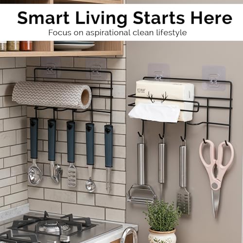ZURATO Multipurpose Wall Mounted Towel, Tissue roll Holder for Kitchen and Bathroom with 5 Hooks Storage Organizer Rack for Clothes, Keys Spatula Ladle and Accessories Hanging - Image 3