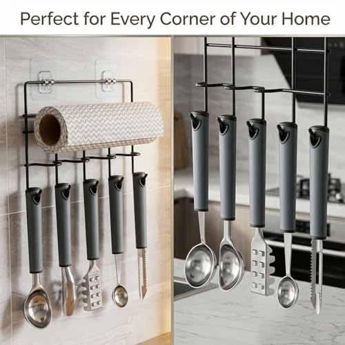 ZURATO Multipurpose Wall Mounted Towel, Tissue roll Holder for Kitchen and Bathroom with 5 Hooks Storage Organizer Rack for Clothes, Keys Spatula Ladle and Accessories Hanging - Image 5