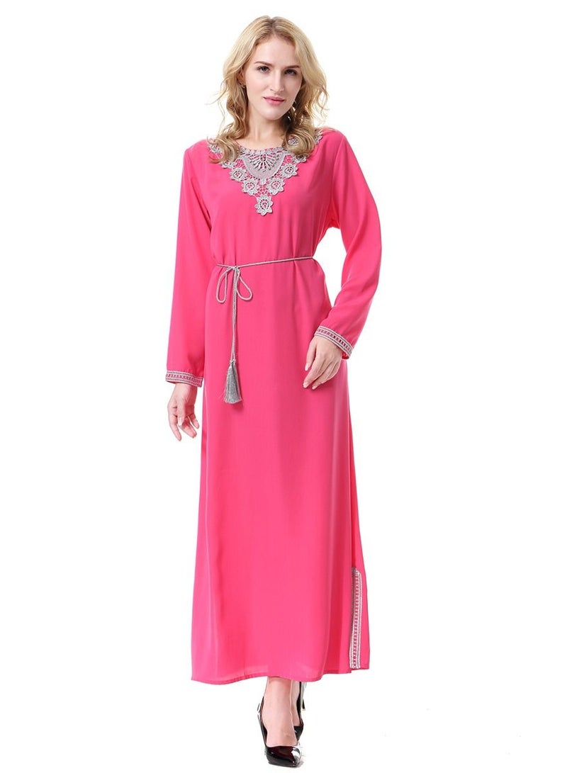 Loquat Women's Round Neck Long Sleeve Applique Maxi Long Casual Dress Robe With Belt Rose Pink/Grey  - Image 1
