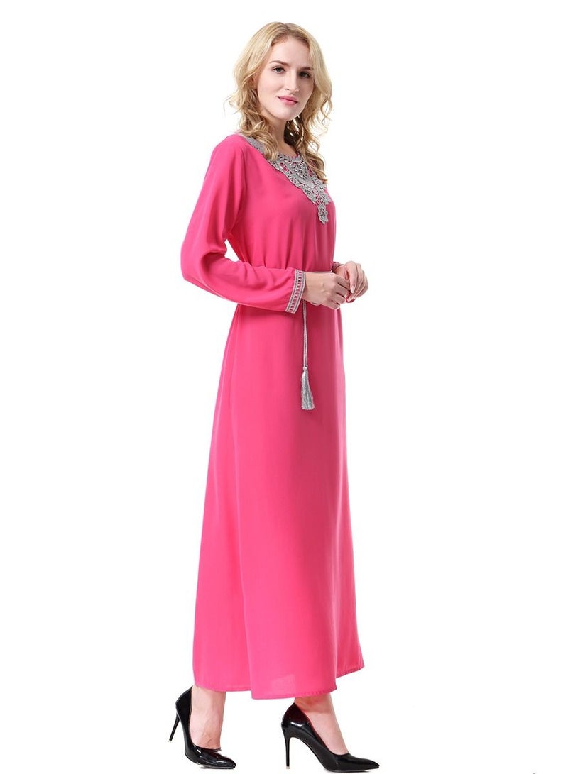 Loquat Women's Round Neck Long Sleeve Applique Maxi Long Casual Dress Robe With Belt Rose Pink/Grey  - Image 2