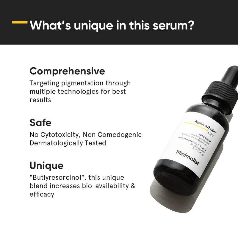 Minimalist Dark Spots Removal Serum with 2% Alpha Arbutin for Hyperpigmentation | Reduces Blemishes, Acne Marks & Tanning with Hyaluronic Acid & Butylresorcinol | For Women & Men | 1FL OZ/30 ml - Image 3