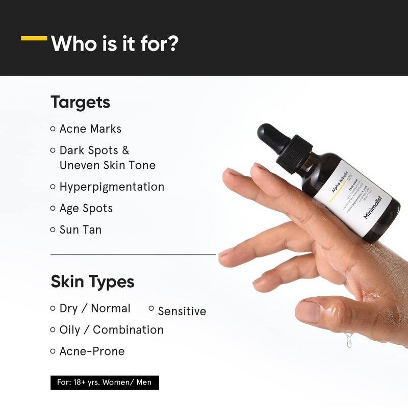 Minimalist Dark Spots Removal Serum with 2% Alpha Arbutin for Hyperpigmentation | Reduces Blemishes, Acne Marks & Tanning with Hyaluronic Acid & Butylresorcinol | For Women & Men | 1FL OZ/30 ml - Image 2
