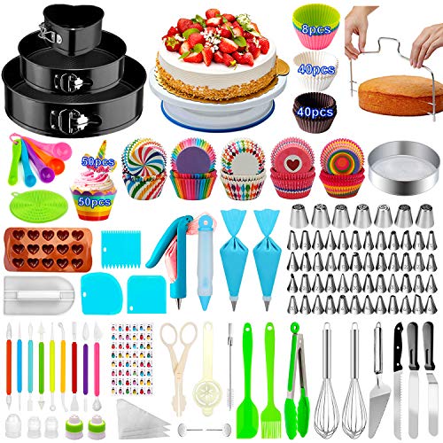 Taiker Cake Decorating Supplies,493 PCS Cake Decorating Kit 3 Packs Springform Cake Pans, Cake Rotating Turntable,48 Piping Icing Tips,7 Russian Nozzles, Baking Supplies,Cupcake Decorating Kit, Multicolor - Image 1
