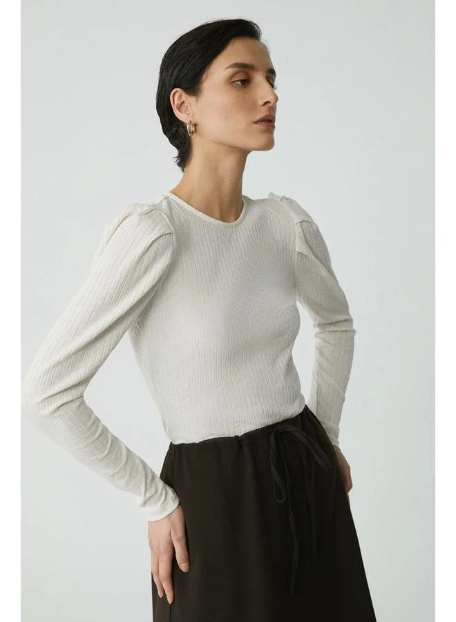 Ethiquet Lorrıe Women's Cotton Ribbed Look Round Neck Balloon Sleeve Knit Off-White Blouse.