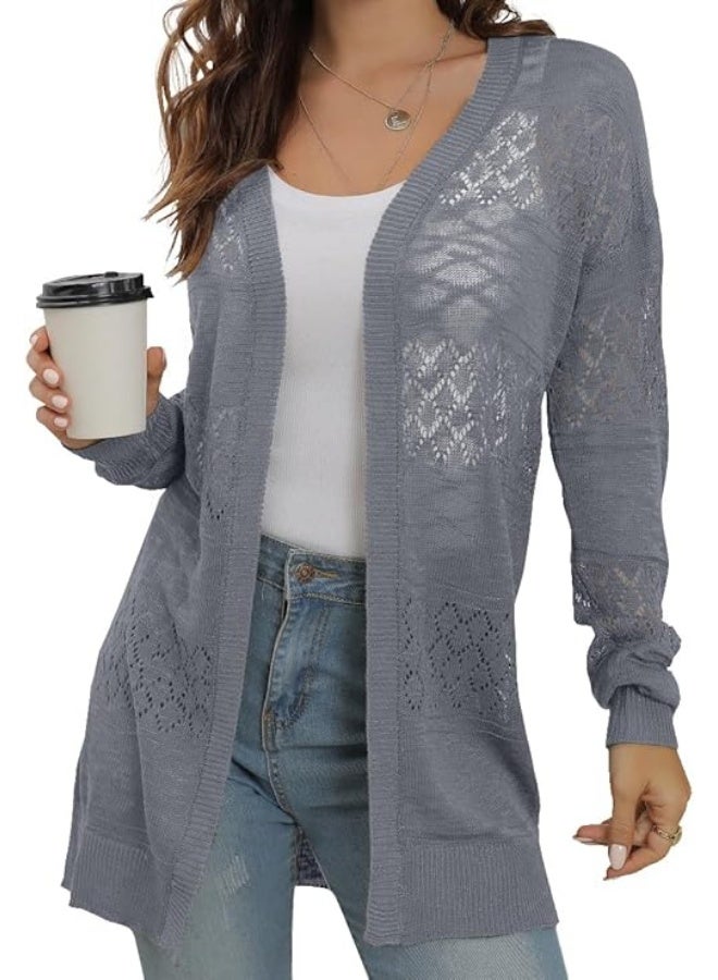 GRECERELLE Womens Lightweight Cardigan Dressy V Neck Openwork Knit Long Sleeve Casual Crochet Sweater Spring Summer Fall, Pencil Gray, Large - Image 1