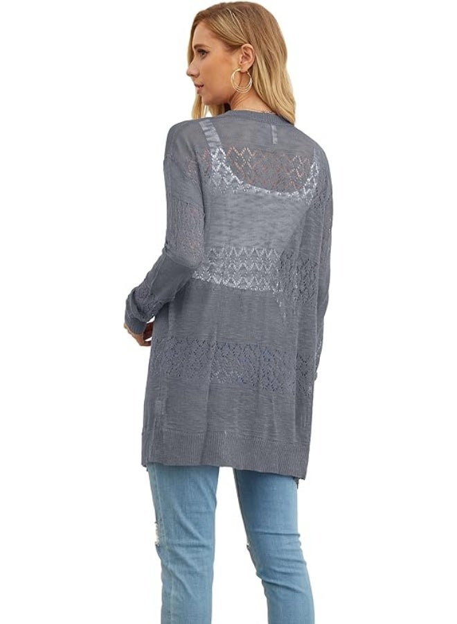 GRECERELLE Womens Lightweight Cardigan Dressy V Neck Openwork Knit Long Sleeve Casual Crochet Sweater Spring Summer Fall, Pencil Gray, Large - Image 2