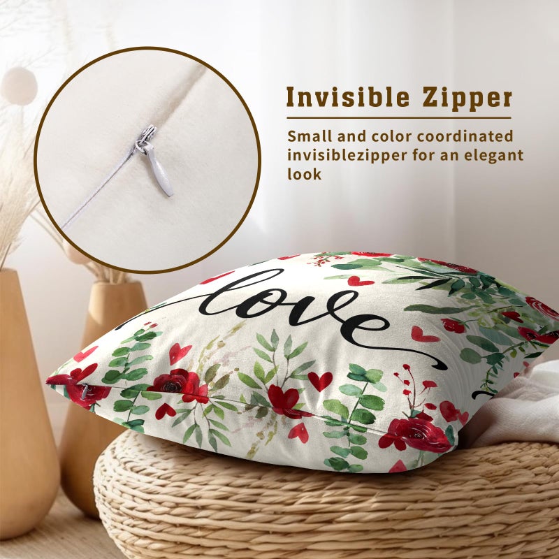 Giwawa Valentine Pillow Cover Set of 2 Watercolor Red Rose Flowers Cotton Throw Pillowcases Love Hearts Floral Decorative Soft Square Cuchion Covers 18"x18" for Couch Sofa Patio Indoor Outdoor - Image 4