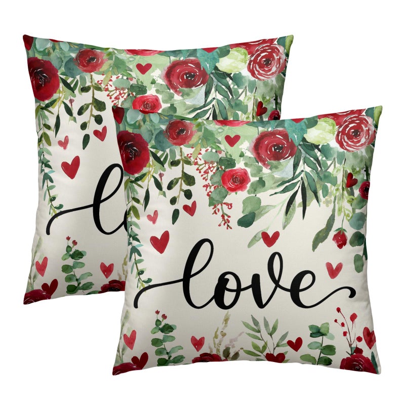 Giwawa Valentine Pillow Cover Set of 2 Watercolor Red Rose Flowers Cotton Throw Pillowcases Love Hearts Floral Decorative Soft Square Cuchion Covers 18"x18" for Couch Sofa Patio Indoor Outdoor - Image 2