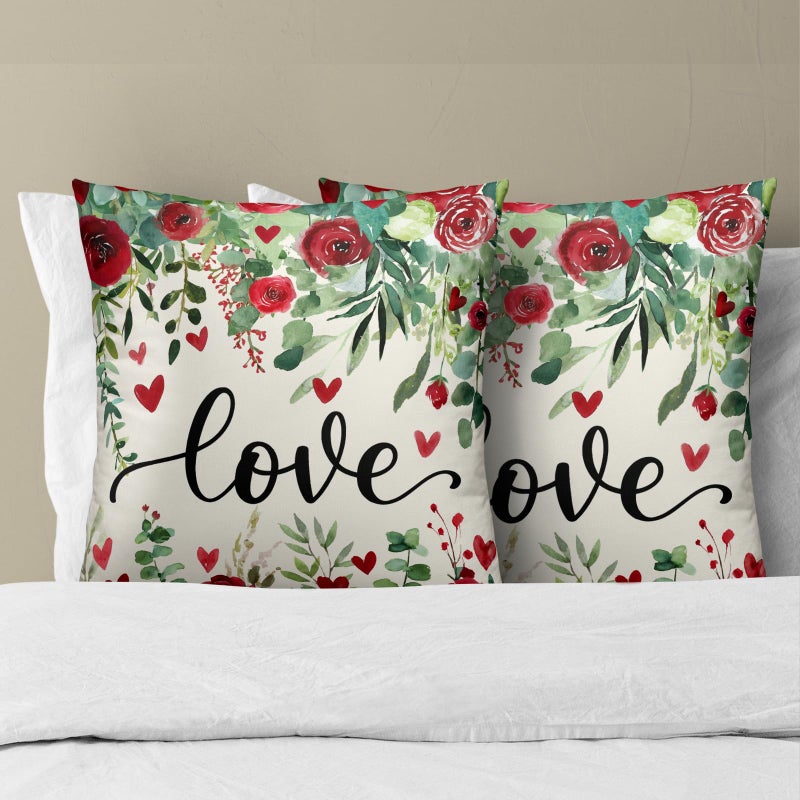 Giwawa Valentine Pillow Cover Set of 2 Watercolor Red Rose Flowers Cotton Throw Pillowcases Love Hearts Floral Decorative Soft Square Cuchion Covers 18"x18" for Couch Sofa Patio Indoor Outdoor - Image 3