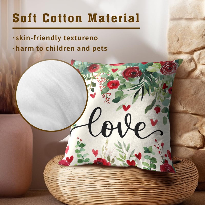 Giwawa Valentine Pillow Cover Set of 2 Watercolor Red Rose Flowers Cotton Throw Pillowcases Love Hearts Floral Decorative Soft Square Cuchion Covers 18"x18" for Couch Sofa Patio Indoor Outdoor - Image 5