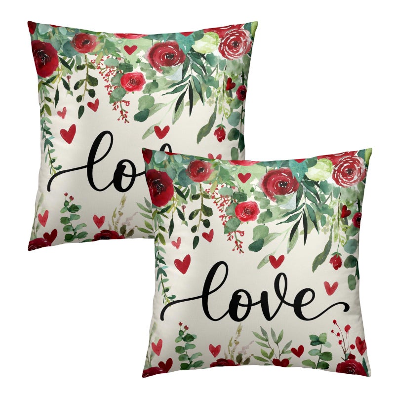 Giwawa Valentine Pillow Cover Set of 2 Watercolor Red Rose Flowers Cotton Throw Pillowcases Love Hearts Floral Decorative Soft Square Cuchion Covers 18"x18" for Couch Sofa Patio Indoor Outdoor - Image 1