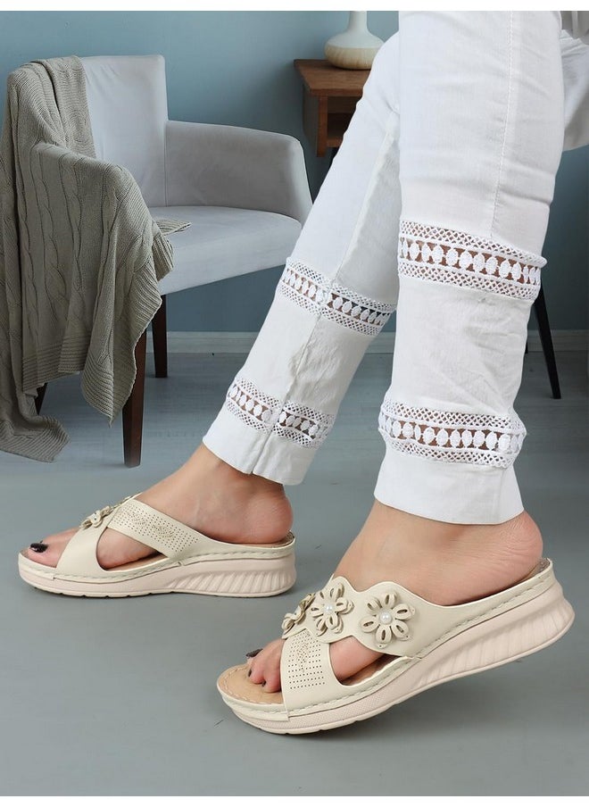 XE Looks - XE Looks Women's Cream Doctor Slippers | Stylish Floral Design with Cushioned Wedge Sole | Ultimate Comfort and Arch Support Doctor Slippers For Girls & Women - Image 1