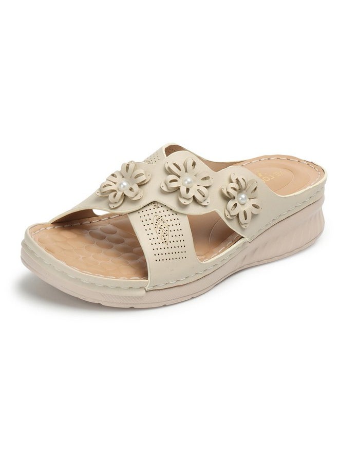 XE Looks - XE Looks Women's Cream Doctor Slippers | Stylish Floral Design with Cushioned Wedge Sole | Ultimate Comfort and Arch Support Doctor Slippers For Girls & Women - Image 1
