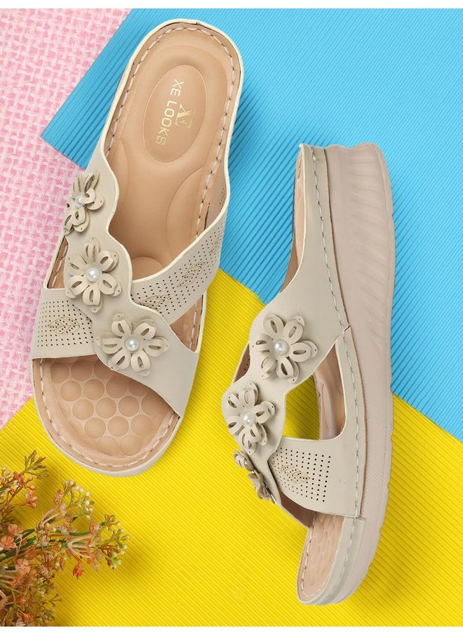 XE Looks - XE Looks Women's Cream Doctor Slippers | Stylish Floral Design with Cushioned Wedge Sole | Ultimate Comfort and Arch Support Doctor Slippers For Girls & Women - Image 1