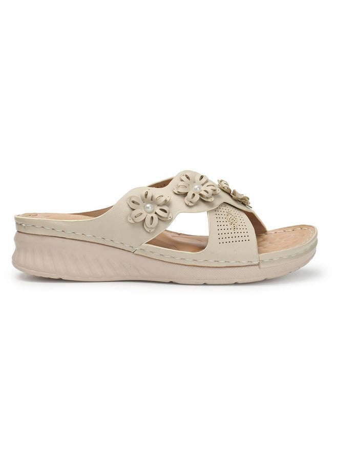 XE Looks - XE Looks Women's Cream Doctor Slippers | Stylish Floral Design with Cushioned Wedge Sole | Ultimate Comfort and Arch Support Doctor Slippers For Girls & Women - Image 1