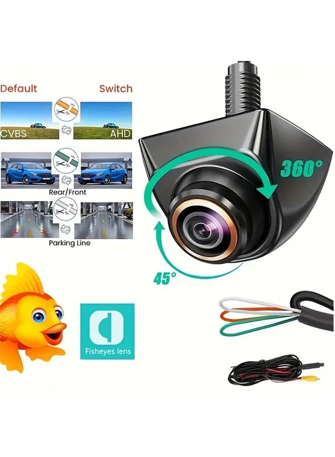 1080P AHD كاميرا سيارة بنظام الرؤية السمكية بإطار ذهبي، أمامية خلفية عالمية للرؤية الليلية بزاوية واسعة - Image 1
