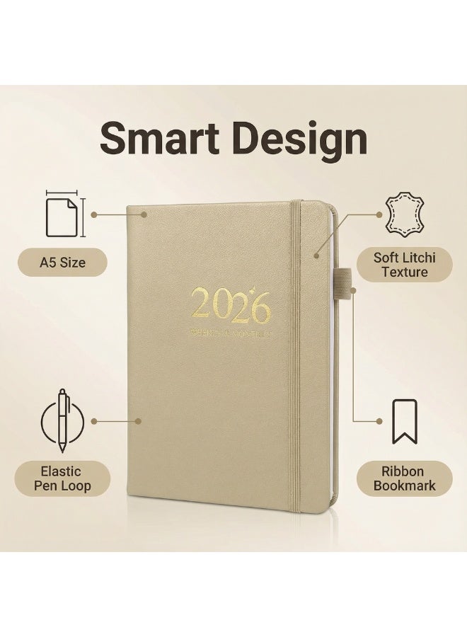 2026 Planner,2026 Planner Weekly and Monthly,Jan.2026-Dec.2026,A5(6.1"x8.31"),PU Imitation Leather Cover Daily Work Planner,with Pen Holder,Elastic Closure,Bookmarks,for Time Management - Image 2