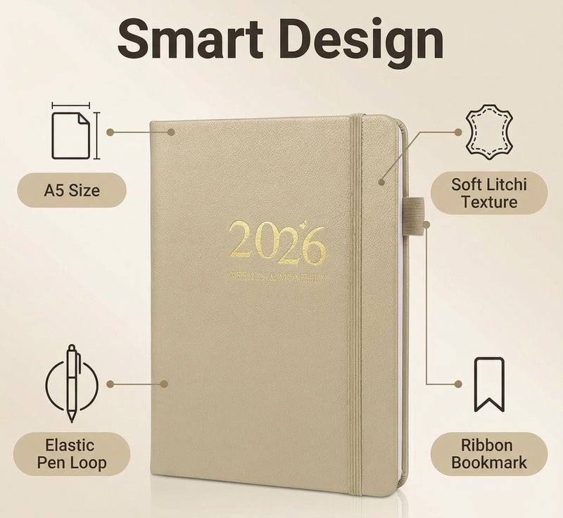 مخطط عام 2026، مخطط أسبوعي وشهري لعام 2026، من يناير 2026 إلى ديسمبر 2026، مقاس A5 (6.1 × 8.31 بوصة)، غلاف من الجلد الصناعي PU، مخطط عمل يومي، مع حامل قلم، إغلاق مطاطي، فواصل كتب، لإدارة الوقت - Image 3