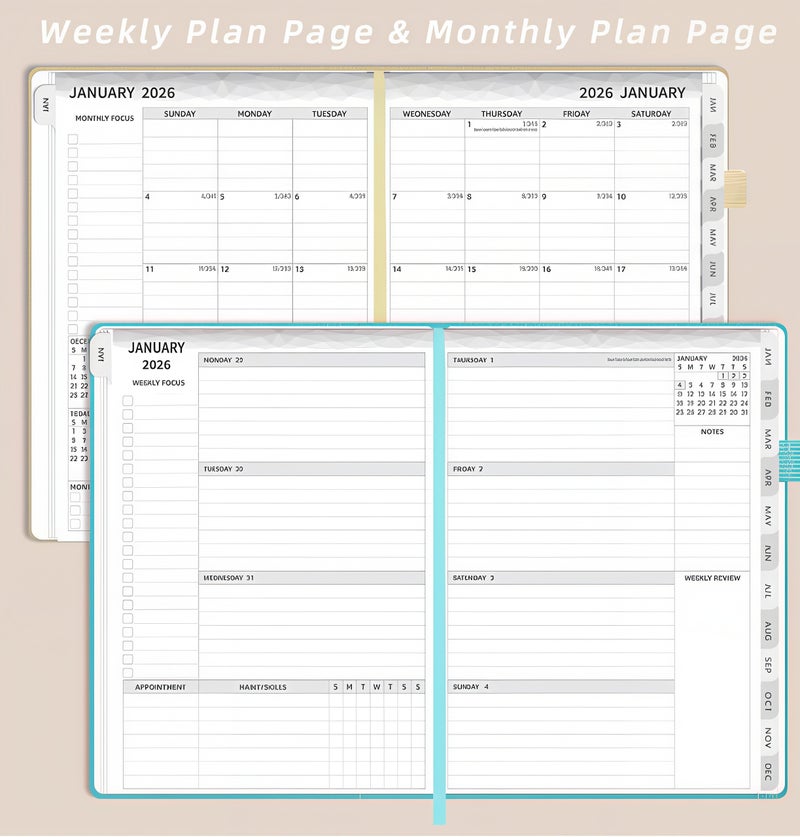 مخطط عام 2026، مخطط أسبوعي وشهري لعام 2026، من يناير 2026 إلى ديسمبر 2026، مقاس A5 (6.1 × 8.31 بوصة)، غلاف من الجلد الصناعي PU، مخطط عمل يومي، مع حامل قلم، إغلاق مطاطي، فواصل كتب، لإدارة الوقت - Image 5