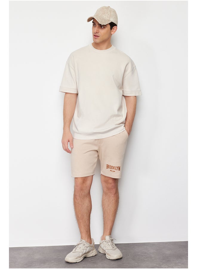 trendyol Stone Regular/Normal Fit Brooklyn-City Embroidered Full Fabric Elastic Waist Shorts TMNSS24SR00025  - Image 1