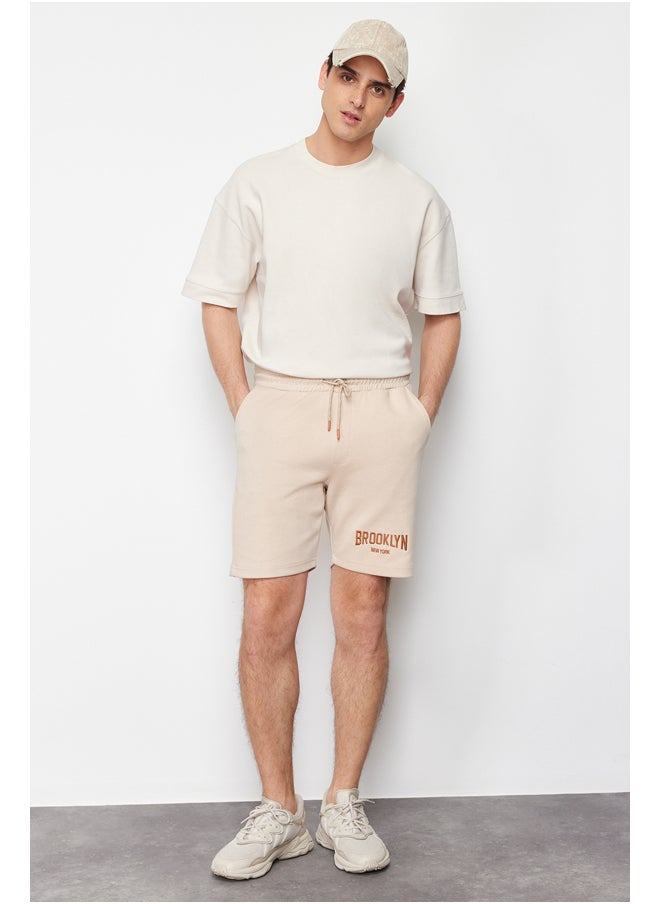 trendyol Stone Regular/Normal Fit Brooklyn-City Embroidered Full Fabric Elastic Waist Shorts TMNSS24SR00025  - Image 2
