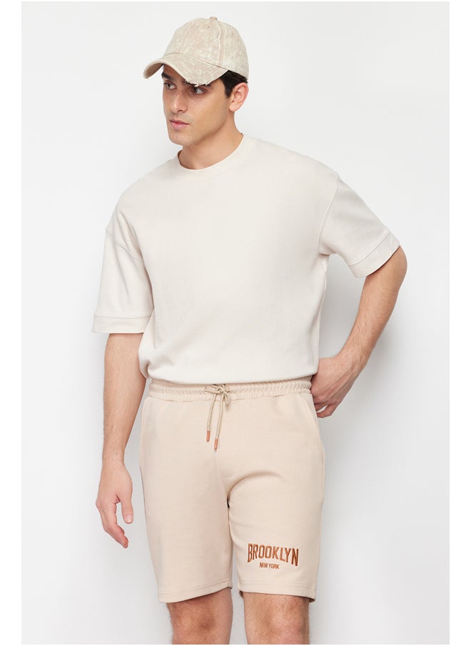 trendyol Stone Regular/Normal Fit Brooklyn-City Embroidered Full Fabric Elastic Waist Shorts TMNSS24SR00025  - Image 3