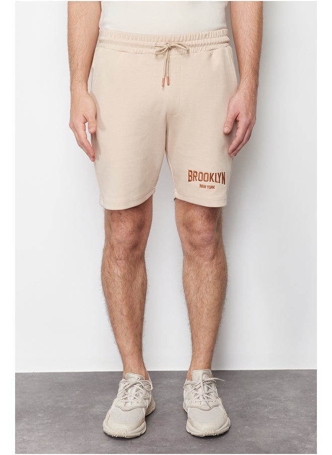 trendyol Stone Regular/Normal Fit Brooklyn-City Embroidered Full Fabric Elastic Waist Shorts TMNSS24SR00025  - Image 4