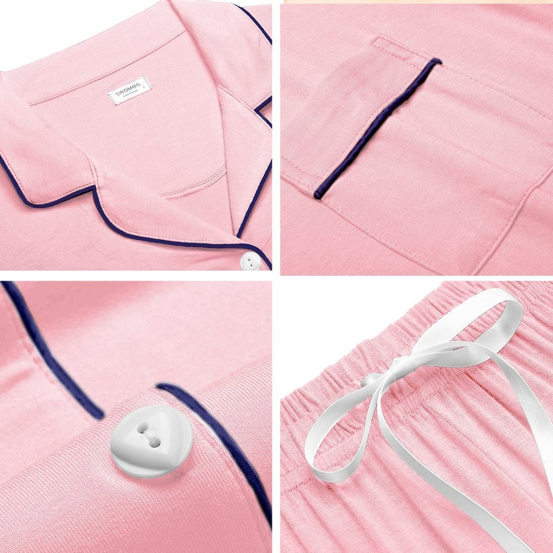 SWOMOG Womens Button Down Pajamas Set Short Sleeve Sleepwear Bride Soft Pj Lounge Sets XS-3XL Pink Medium - Image 5