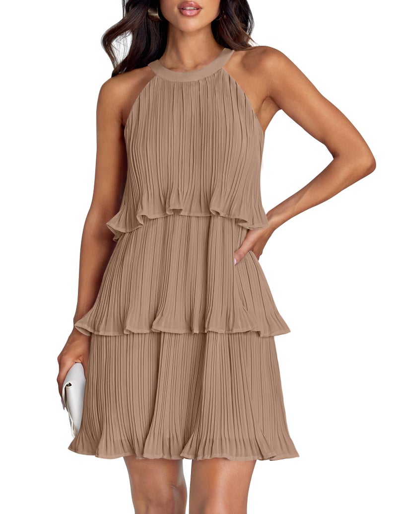 ZESICA ZESICA Women's 2025 Summer Halter Dresses Sleeveless Ruffle Tiered Layered Chiffon Pleated A Line Swing Mini Dress,Khaki,Large  - Image 1