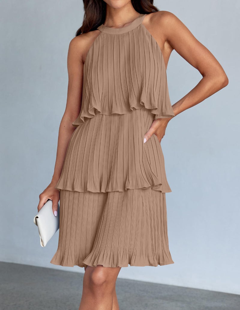 ZESICA ZESICA Women's 2025 Summer Halter Dresses Sleeveless Ruffle Tiered Layered Chiffon Pleated A Line Swing Mini Dress,Khaki,Large  - Image 2