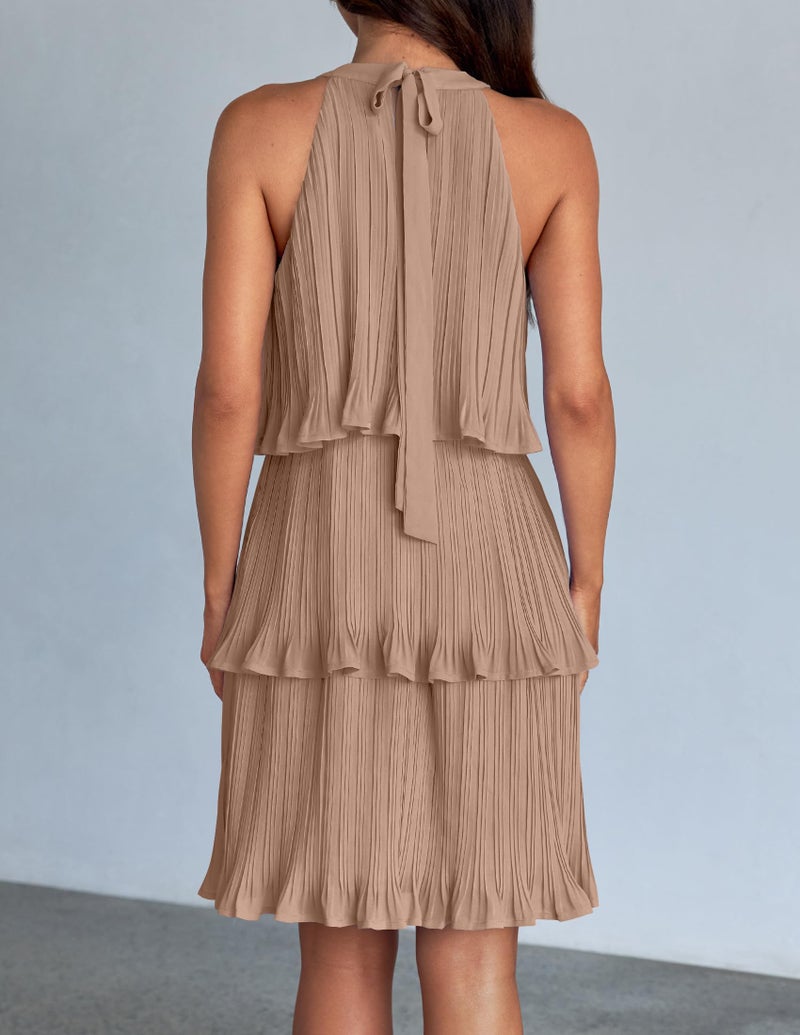 ZESICA ZESICA Women's 2025 Summer Halter Dresses Sleeveless Ruffle Tiered Layered Chiffon Pleated A Line Swing Mini Dress,Khaki,Large  - Image 4