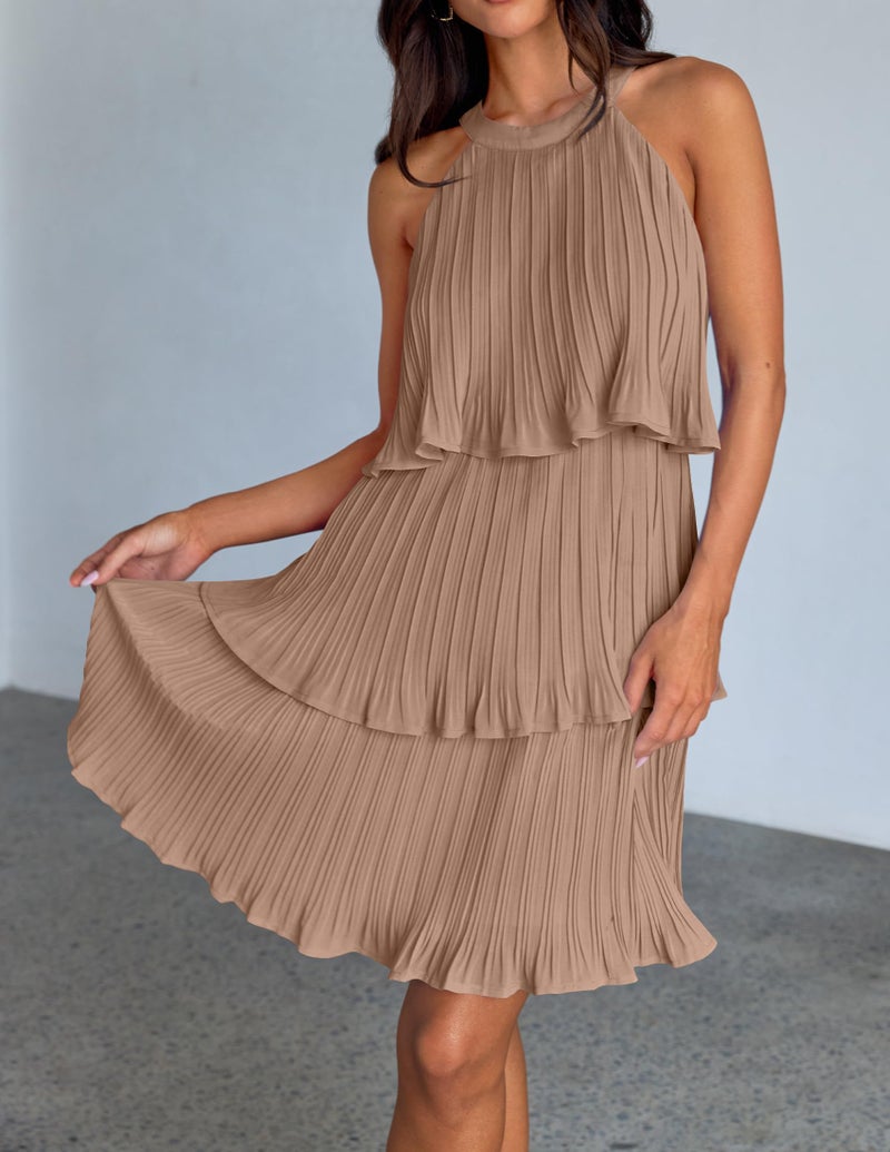 ZESICA ZESICA Women's 2025 Summer Halter Dresses Sleeveless Ruffle Tiered Layered Chiffon Pleated A Line Swing Mini Dress,Khaki,Large  - Image 3