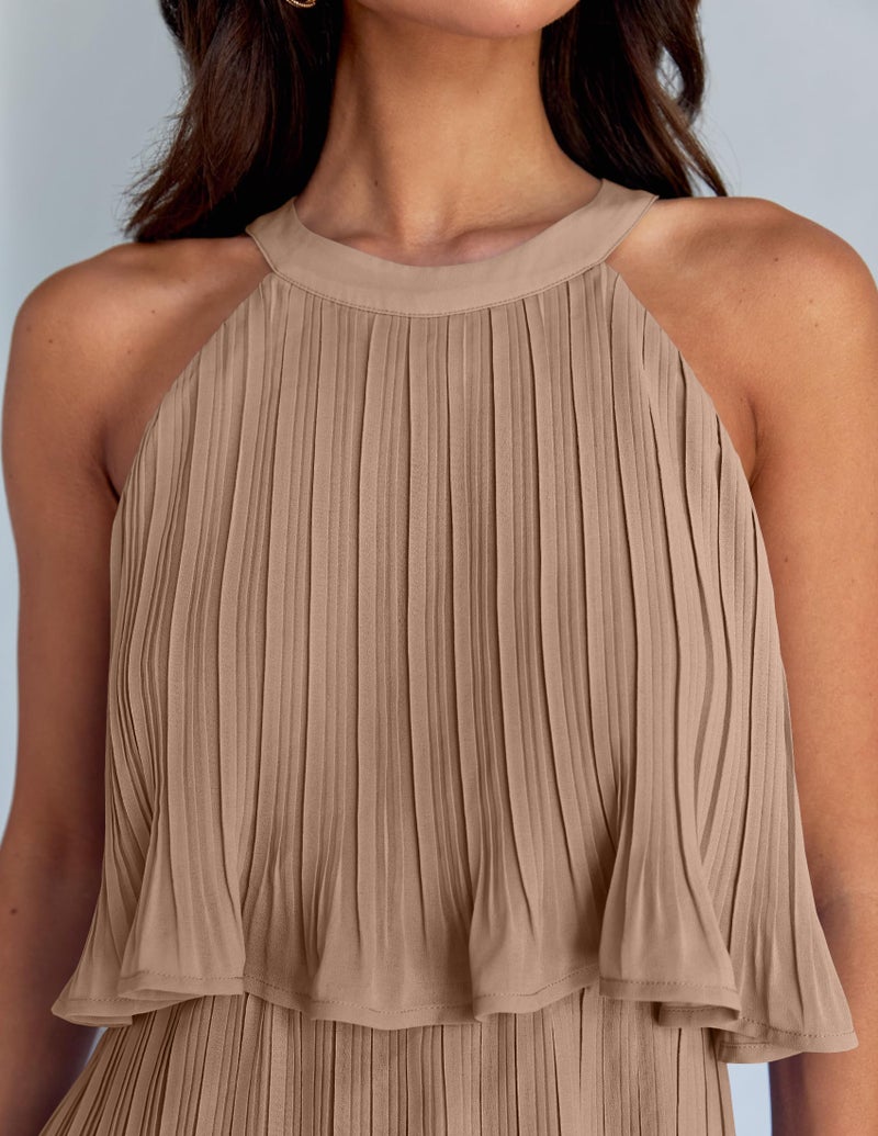 ZESICA ZESICA Women's 2025 Summer Halter Dresses Sleeveless Ruffle Tiered Layered Chiffon Pleated A Line Swing Mini Dress,Khaki,Large  - Image 5