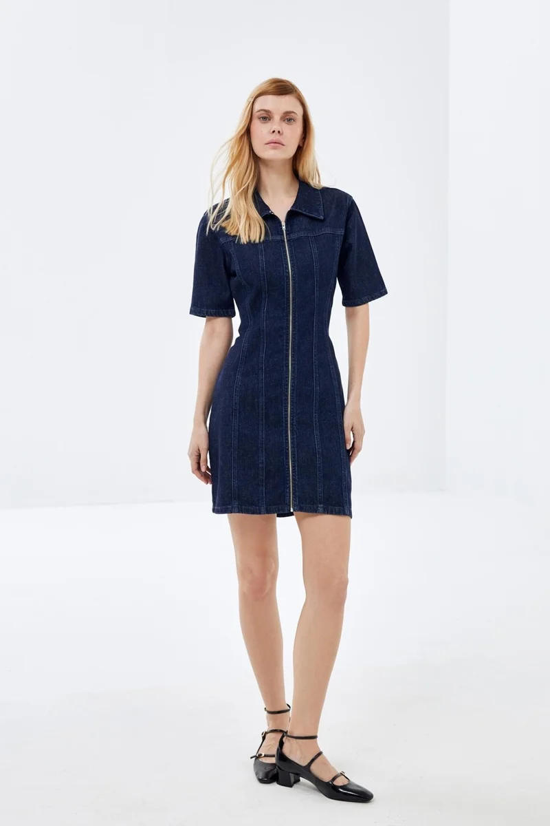 Pieces Of Melon Dark Blue Short Sleeve Zippered Mini Denim Dress