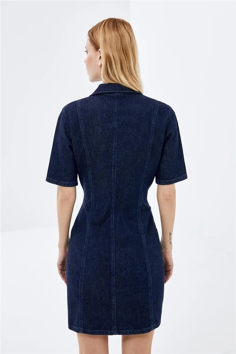 Pieces Of Melon Dark Blue Short Sleeve Zippered Mini Denim Dress