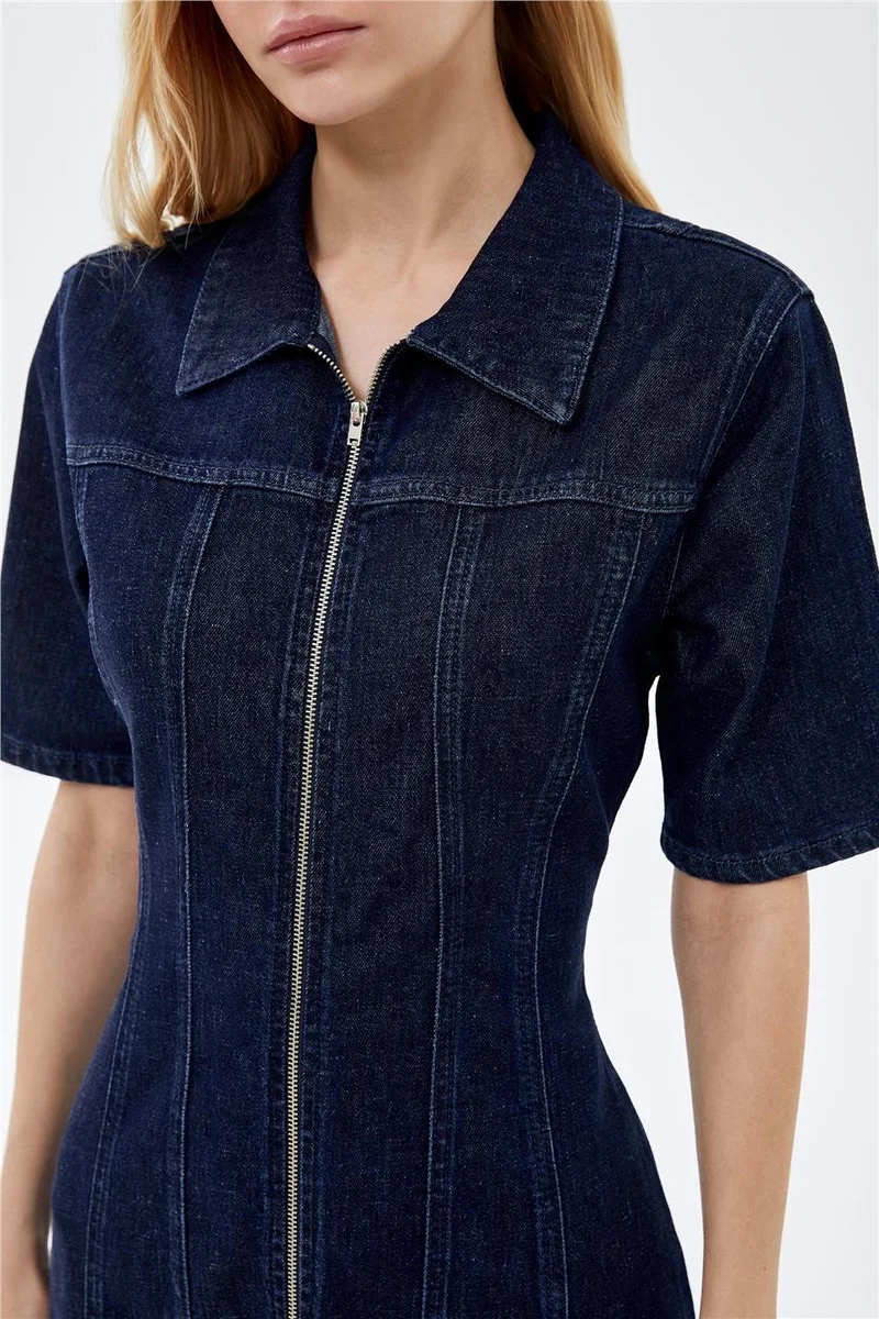 Pieces Of Melon Dark Blue Short Sleeve Zippered Mini Denim Dress