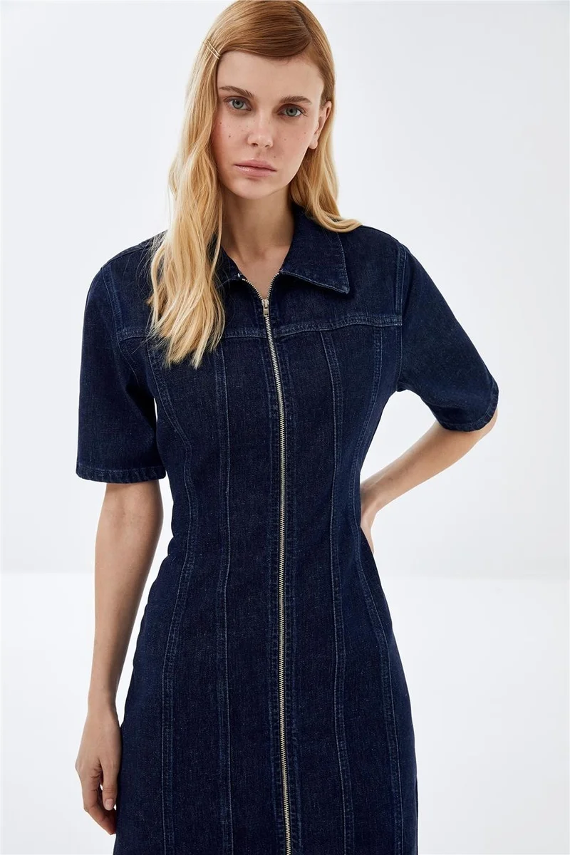Pieces Of Melon Dark Blue Short Sleeve Zippered Mini Denim Dress