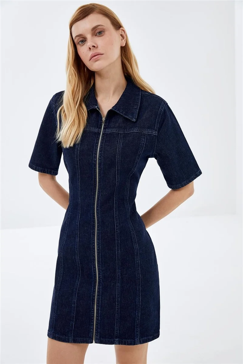 Pieces Of Melon Dark Blue Short Sleeve Zippered Mini Denim Dress