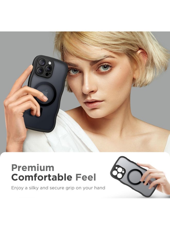 for iPhone 16 Pro Max Case for Women Girls, Upgraded [Full Camera Protection] [Compatible with MagSafe] Cute Wave Translucent Matte Phone Case for iPhone 16 Pro Max, Black