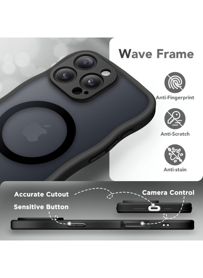 for iPhone 16 Pro Max Case for Women Girls, Upgraded [Full Camera Protection] [Compatible with MagSafe] Cute Wave Translucent Matte Phone Case for iPhone 16 Pro Max, Black
