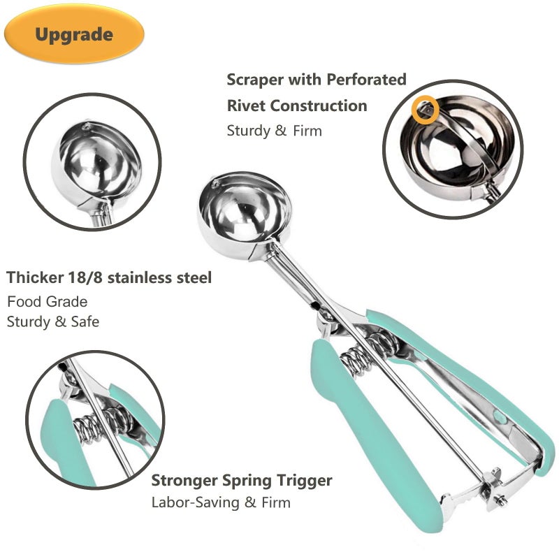 LLESCA Cookie Scoop Set, 3Pcs Ice Cream Scoop, Cookie Scoops for Baking Set of 3, 18/8 Stainless Steel Cookie Scooper for Baking, Ice Cream Scooper with Trigger Release, Mint Soft Grip Cookie Dough Scoop - Image 4