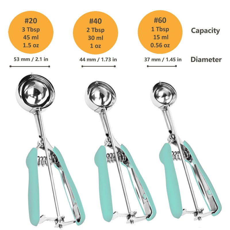 LLESCA Cookie Scoop Set, 3Pcs Ice Cream Scoop, Cookie Scoops for Baking Set of 3, 18/8 Stainless Steel Cookie Scooper for Baking, Ice Cream Scooper with Trigger Release, Mint Soft Grip Cookie Dough Scoop - Image 2
