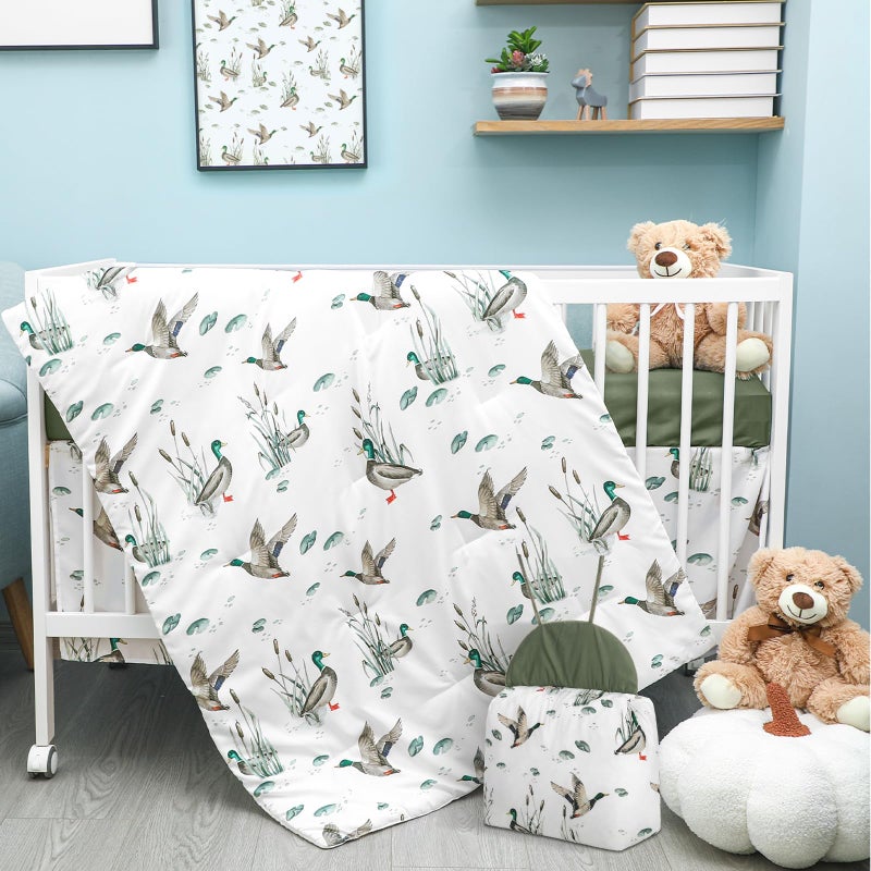 Oudain 4 Piece Mallard Duck Crib Bedding Set Including Mallard Duck Crib Skirt, Blanket, Crib Sheet and Diaper Stacker, Soft Neutral Nursery Standard Size Baby Bedding for Baby Girls and Boys - Image 1