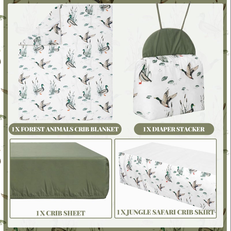 Oudain 4 Piece Mallard Duck Crib Bedding Set Including Mallard Duck Crib Skirt, Blanket, Crib Sheet and Diaper Stacker, Soft Neutral Nursery Standard Size Baby Bedding for Baby Girls and Boys - Image 3