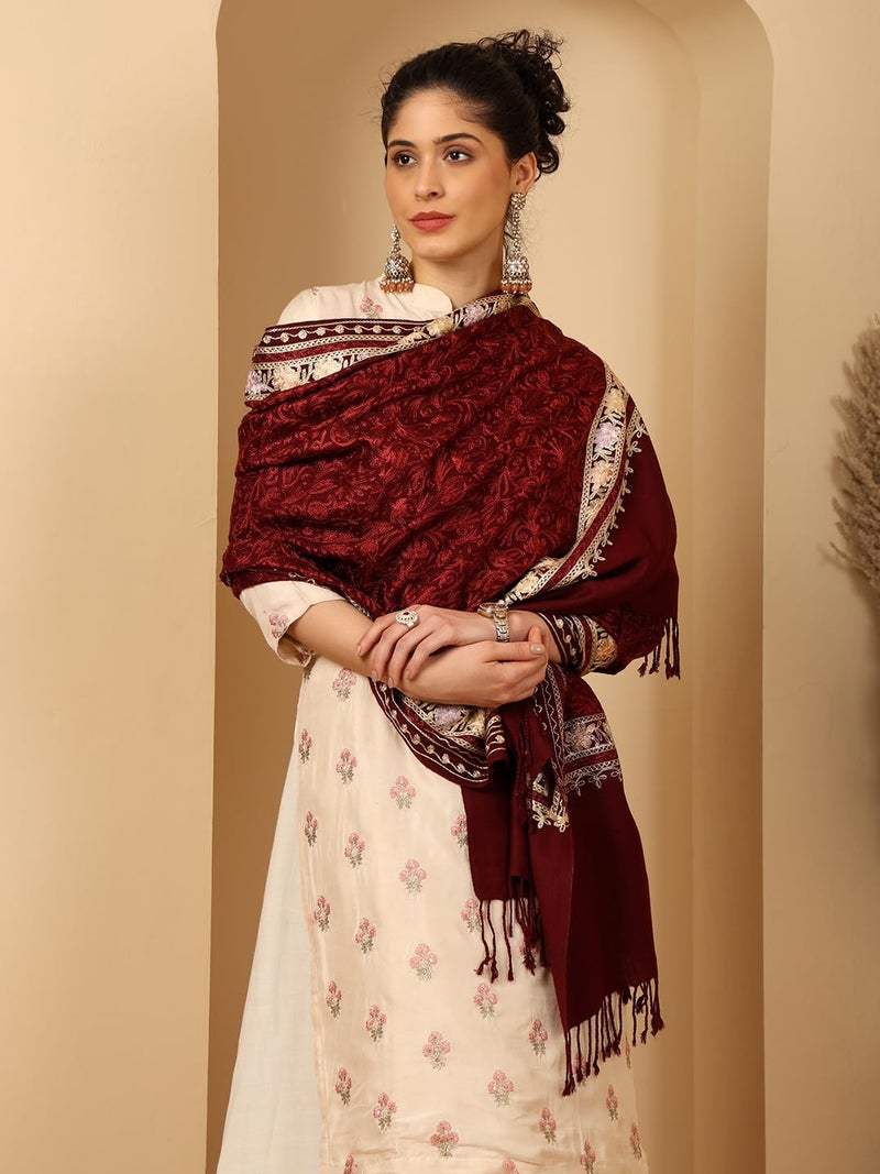 tweedle Women's Wine Pure Wool Feel Dupatta/Wrap With Allover Embroidery Jaal For Winters, Warm And Soft Wrap For Ladies/Girls, Medium Size - Image 5