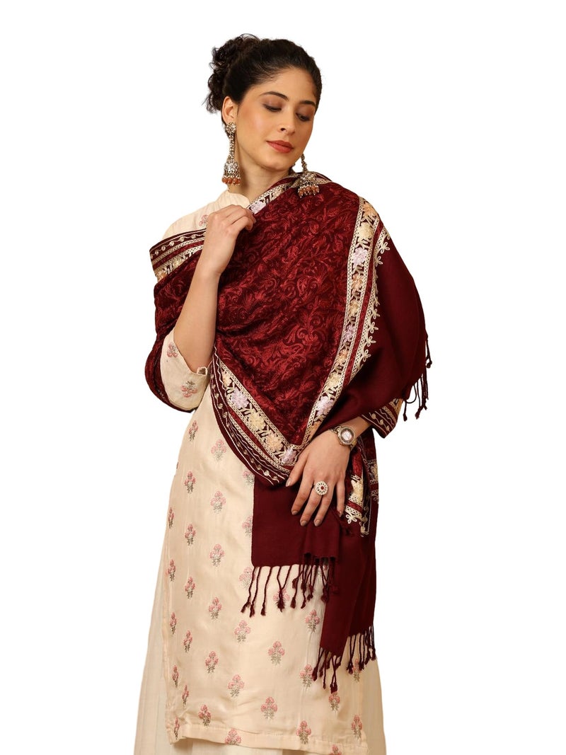 tweedle Women's Wine Pure Wool Feel Dupatta/Wrap With Allover Embroidery Jaal For Winters, Warm And Soft Wrap For Ladies/Girls, Medium Size - Image 1