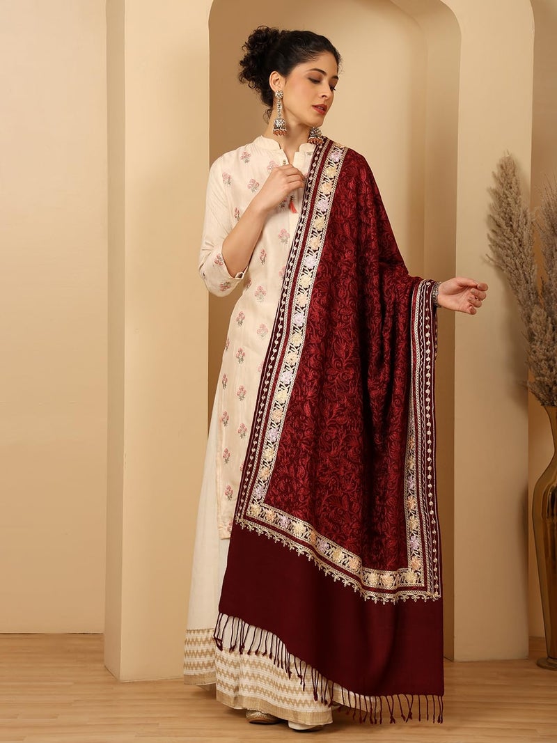 tweedle Women's Wine Pure Wool Feel Dupatta/Wrap With Allover Embroidery Jaal For Winters, Warm And Soft Wrap For Ladies/Girls, Medium Size - Image 2